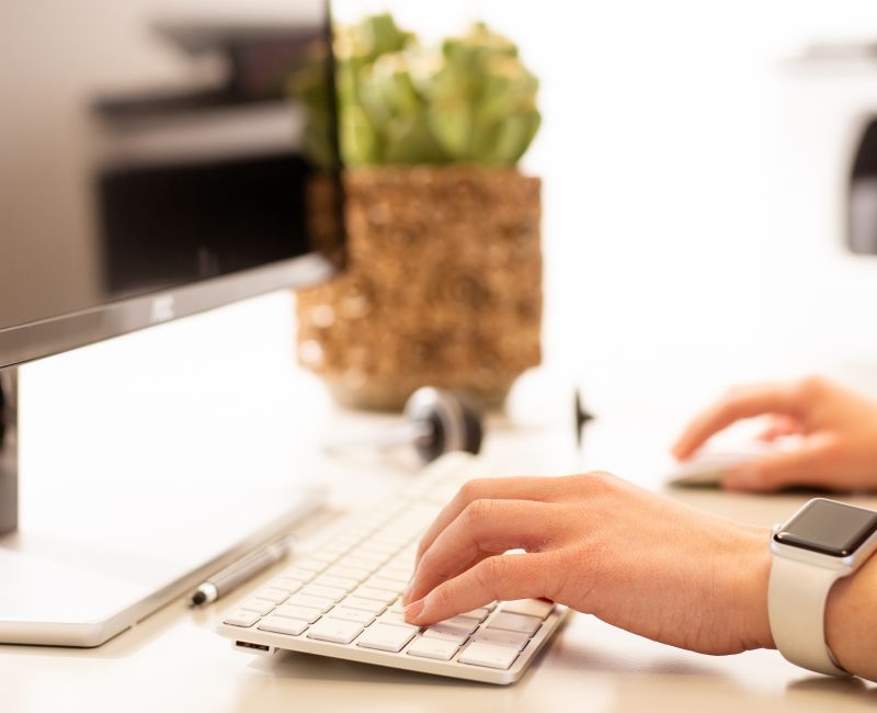 das Bild zeigt eine Person die einen Computer bedient