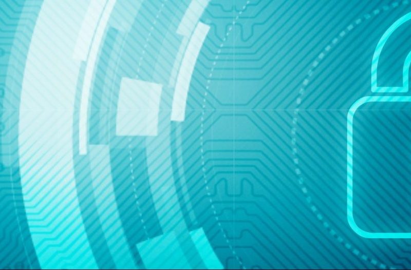 Das Bild zeigt ein digitales, abstraktes Design in Blautönen. Rechts im Bild ist ein großes, leuchtendes Vorhängeschloss-Symbol dargestellt